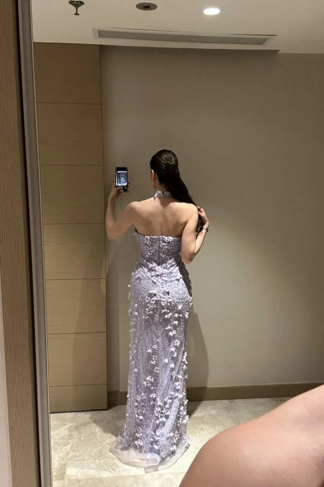 High Neck Detachable Lace Flowers Long Sleeve Mermaid Evening Dress