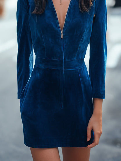 Sapphire Velvet Zip-Front Mini Dress
