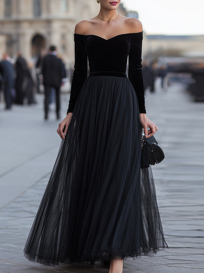 Black Velvet Off-Shoulder Tulle Maxi Dress