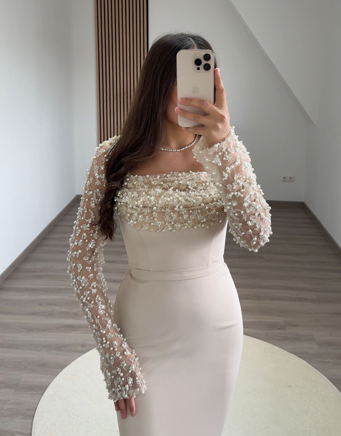 Long Sleeves Sequins A-Line Satin Evening Dress