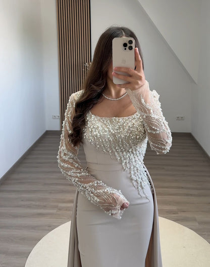 Long Sleeves Square A-Line Evening Dress