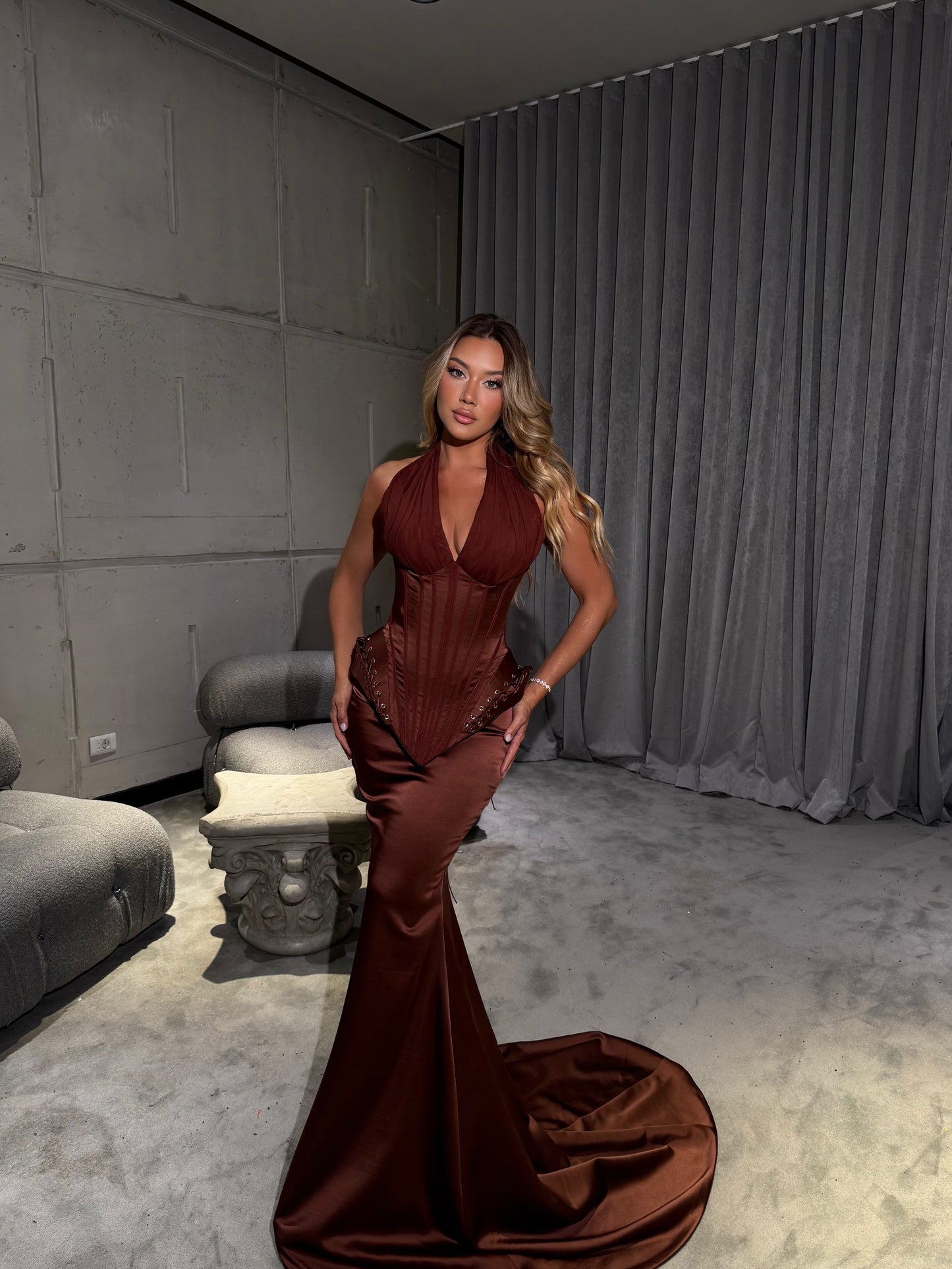 Brown Halter Corset Halter Sleeveless Evening Dress