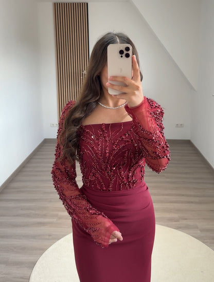 Elegant Long Sleeves V-Neck Ruched Satin Evening Dress