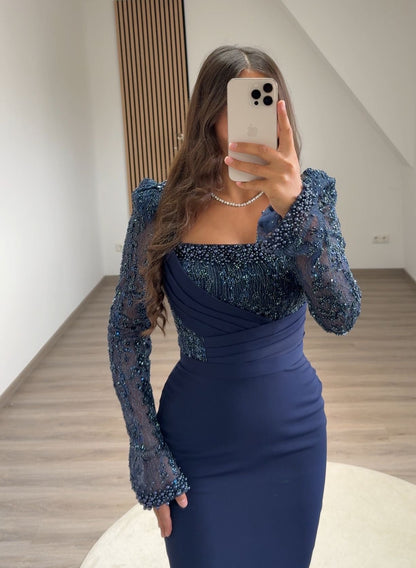 Long Sleeves V-Neck Prom Dress with Beads Sweep Train Evening Dress