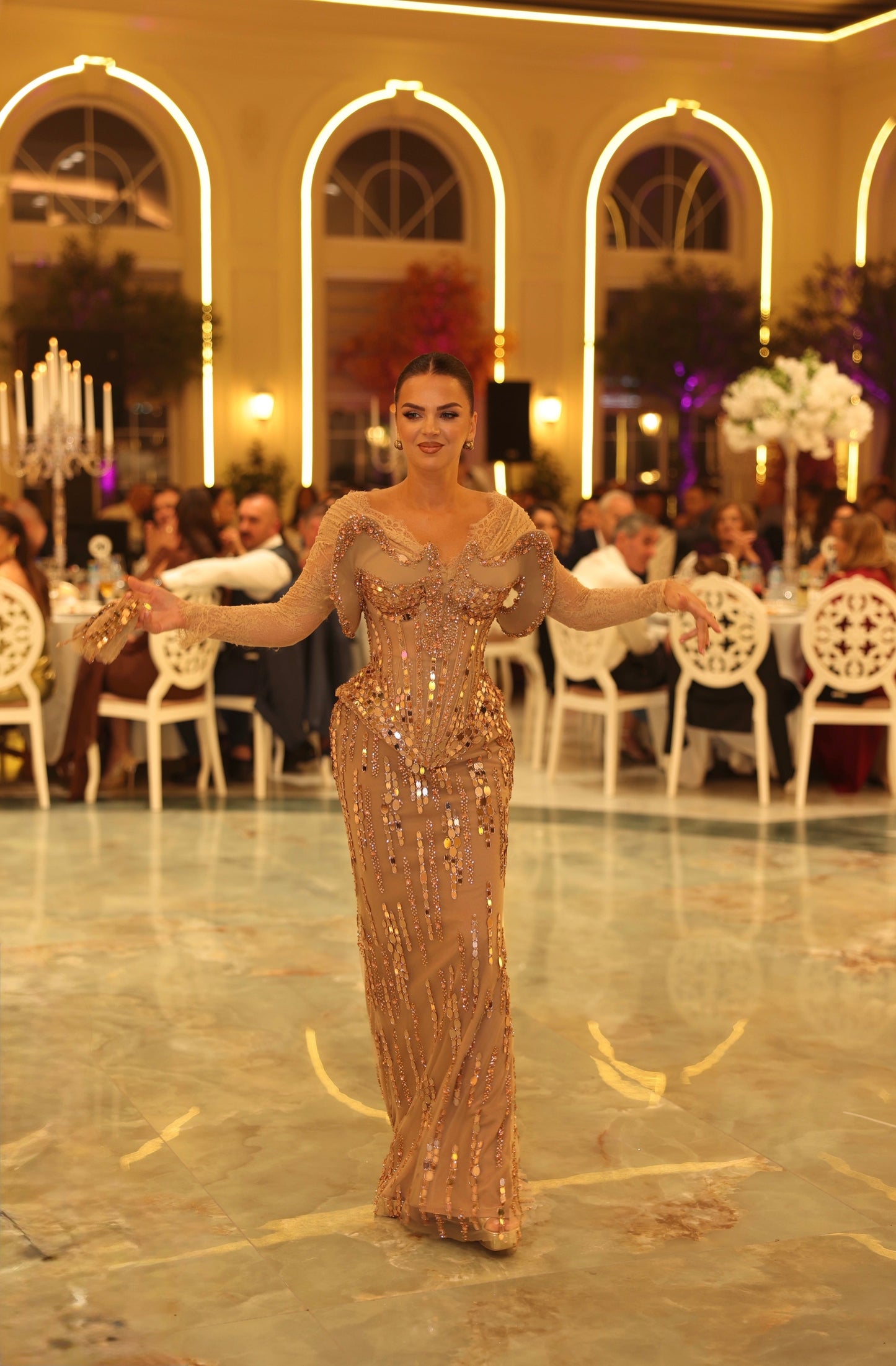 Embellished Beaded Scoop Long Sleeves Evening Dress