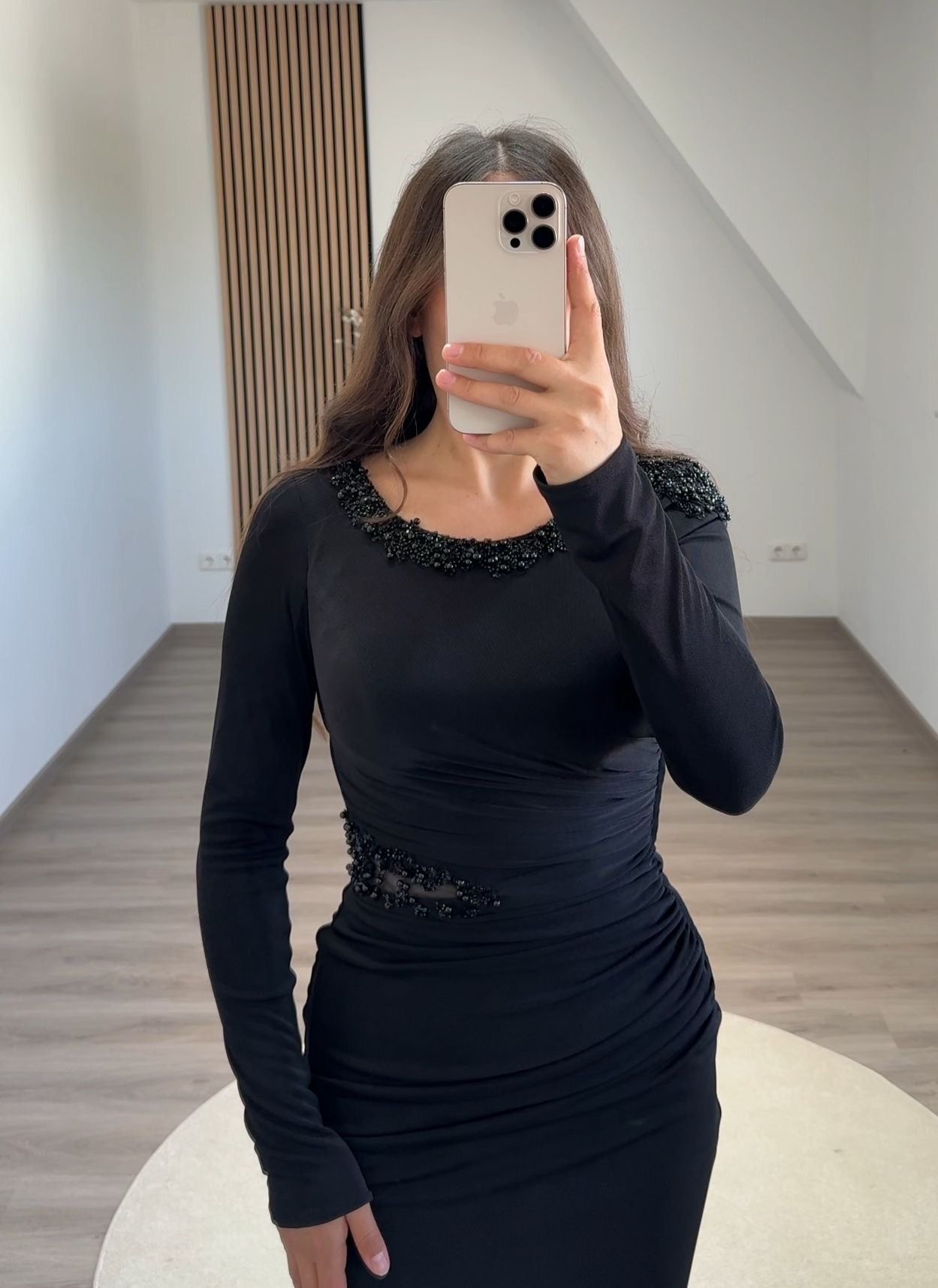 Long Sleeves Scoop Sequins Satin Evening Dress