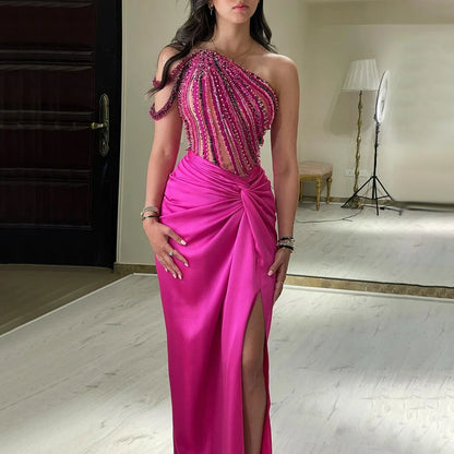 Fuchsia One Shoulder Side Slit Mermaid Luxury Dubai Evening Gown Beaded Dress for Women's Party