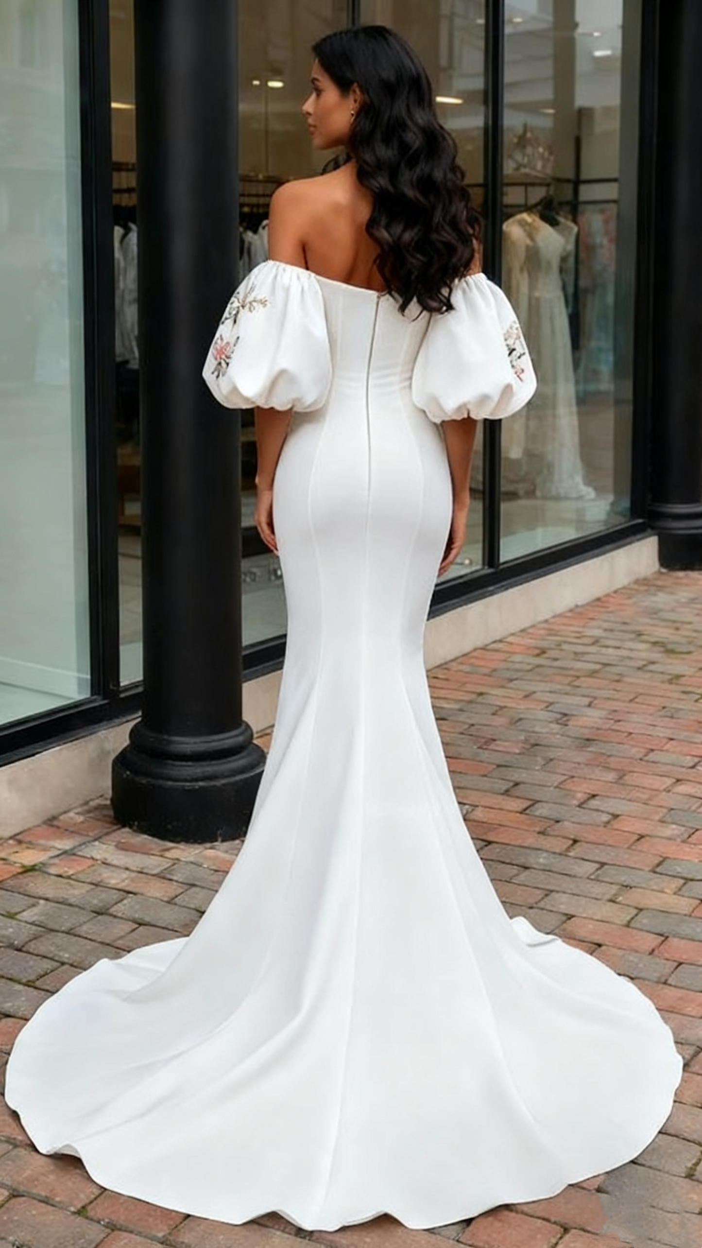 Sweetheart Mermaid Puffy Sleeves Embroidery Satin Wedding Dress