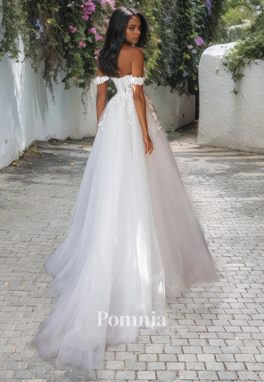 A-Line Off-Shoulder Scoop Empire-Waist Appliques Long Boho Wedding Dress