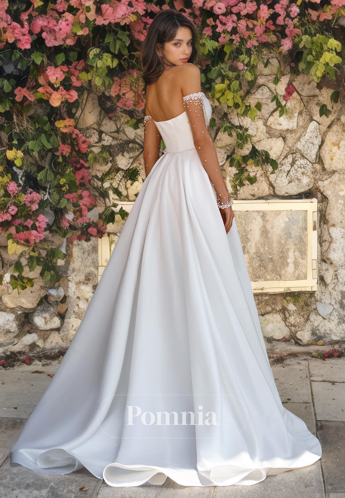 A-Line Off-Shoulder V-Neck Sleeveless Empire-Waist Pleated Long Beach Wedding Dress