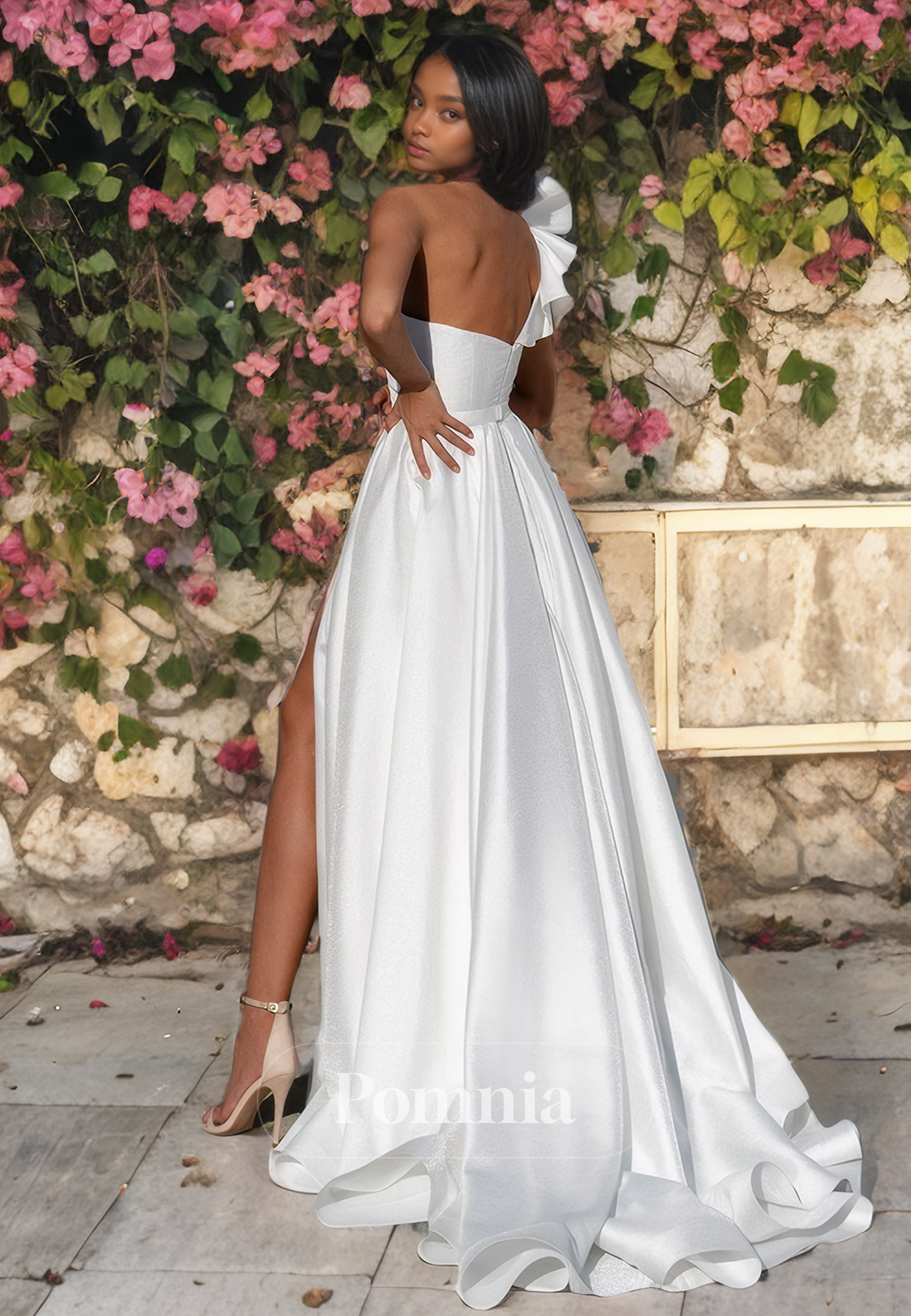 A-Line One Shoulder Sleeveless Empire-Waist Pleated Satin Long Beach Wedding Dress