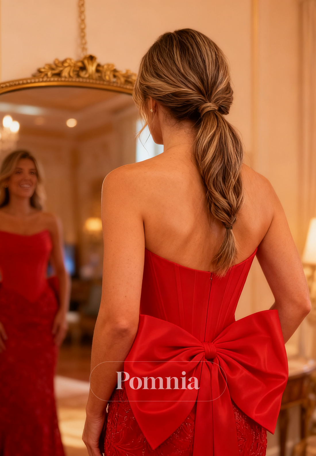 Red Sleeveless Strapless Bowknot Slit Prom Dress