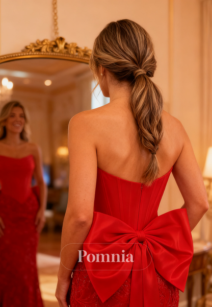 Red Sleeveless Strapless Bowknot Slit Prom Dress