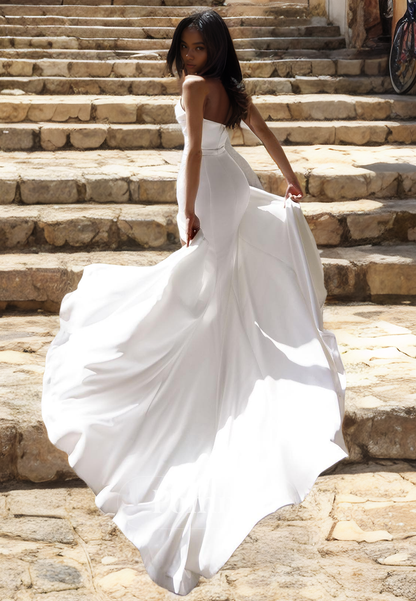 Off-Shoulder Sweetheart Sleeveless Beaded Pleated Long Boho Wedding Dress with Slit