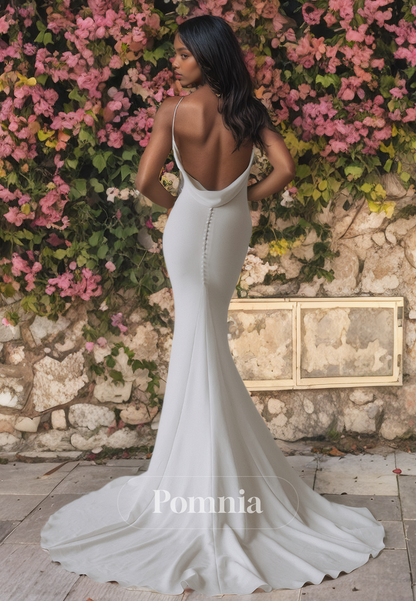 Mermaid/Trumpet V-Neck Sleeveless Satin Long Beach Wedding Dress with Train