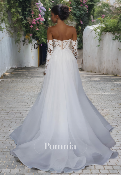 A-Line Off-Shoulder Sweetheart Appliques Empire-Waist Boho Wedding Dress with Slit