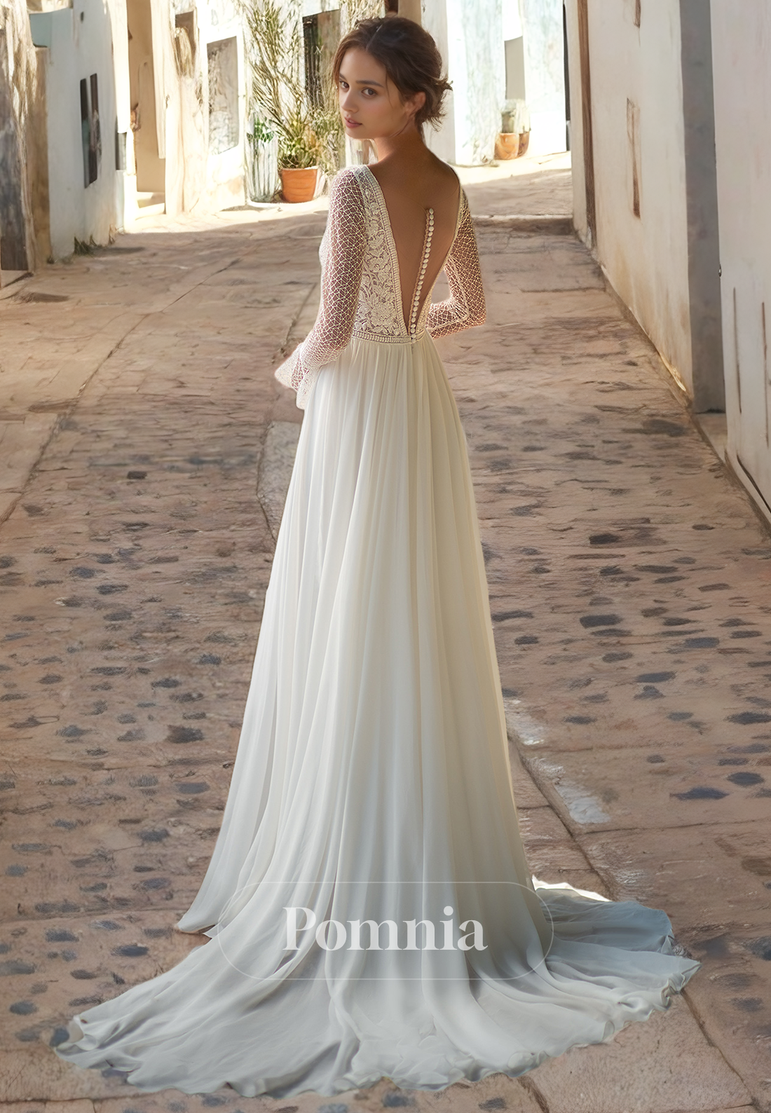 A-Line Empire-Waist Sleeveless V-Neck Side Slit Chiffon Long Boho Wedding Dress