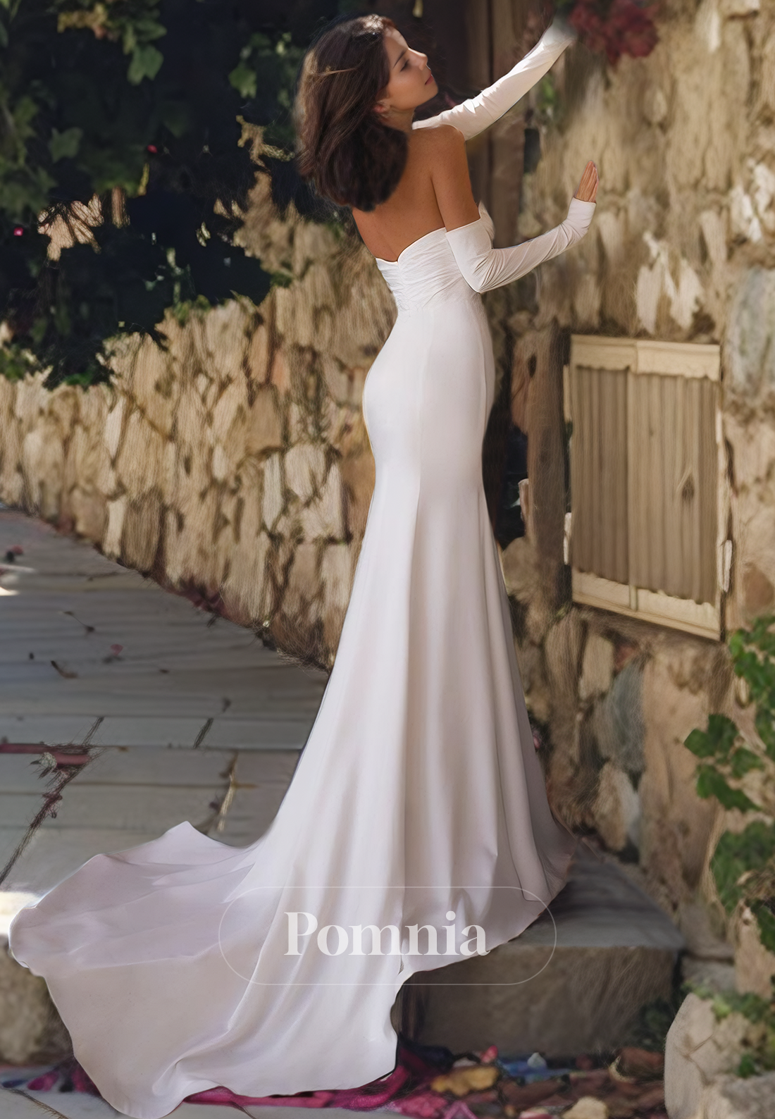 Mermaid/Trumpet Off-Shoulder Scoop Sleeveless Pleated Long Beach Wedding Dress with Slit