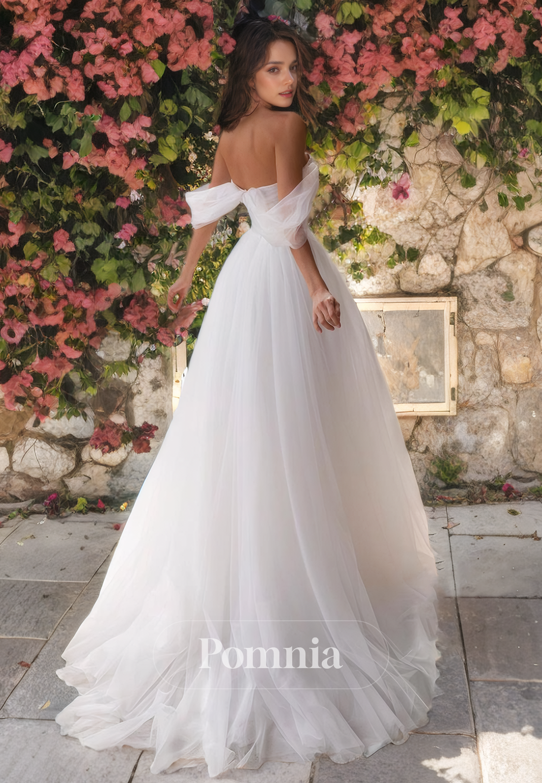 A-Line Empire-Waist Off-Shoulder Sweetheart Tulle Long Beach Wedding Dress