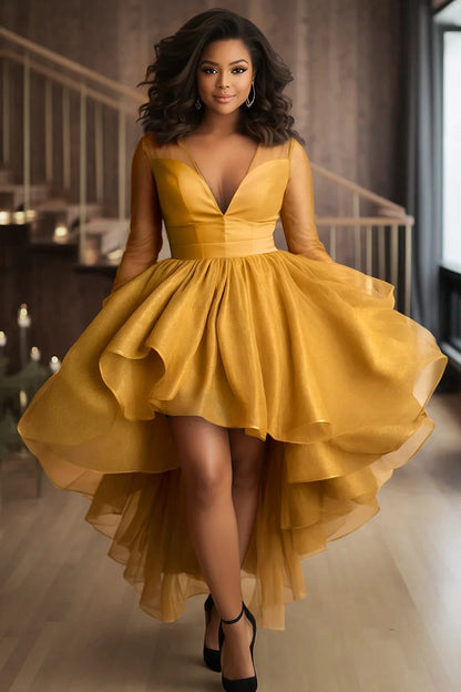 Cocktail Party Black V Neck Long Sleeve High Low Hem Ruffle Tulle Mini Dress