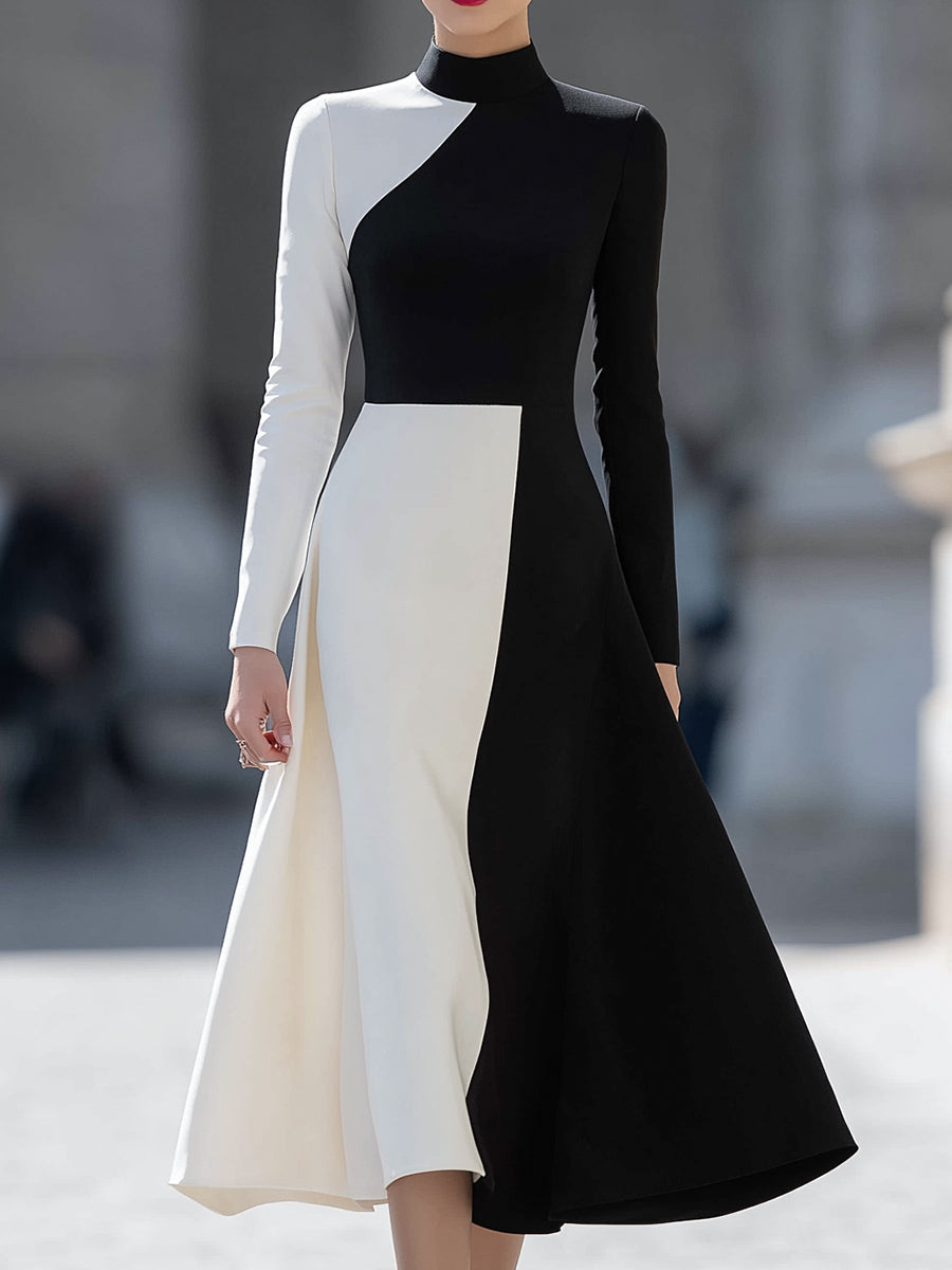 Monochrome High-Neck A-Line Midi Dress
