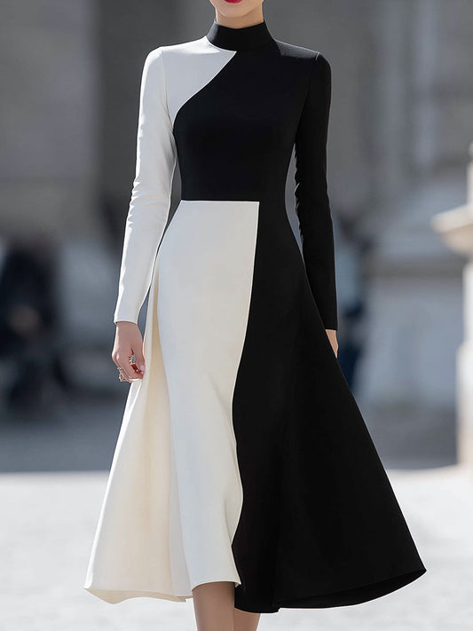 Monochrome High-Neck A-Line Midi Dress