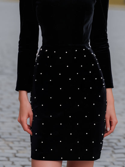 Embellished Collar Velvet Dress With Beaded Skirt