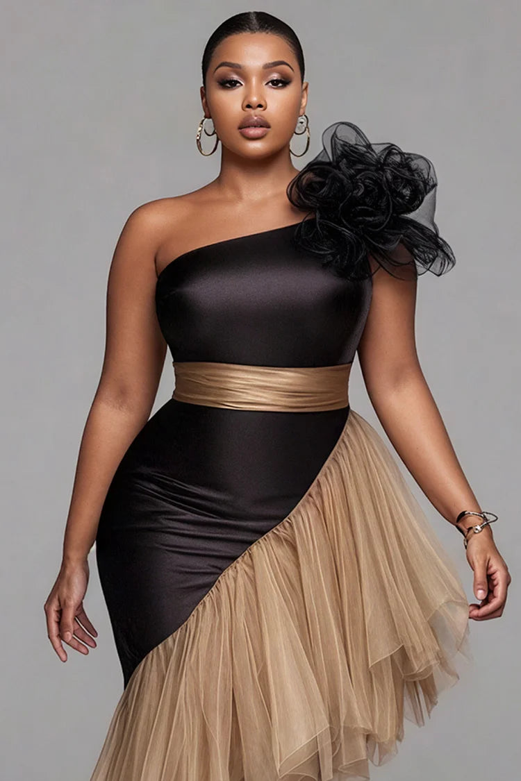 Cocktail Party Tulle Black One Shoulder Contrast Elegant 3D Satin Midi Dresses