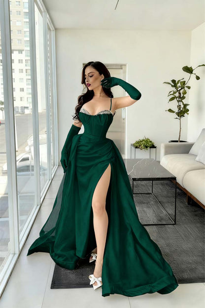 Spaghetti Strap Sleeveless Long Mermaid Prom Dress With Split Gloves