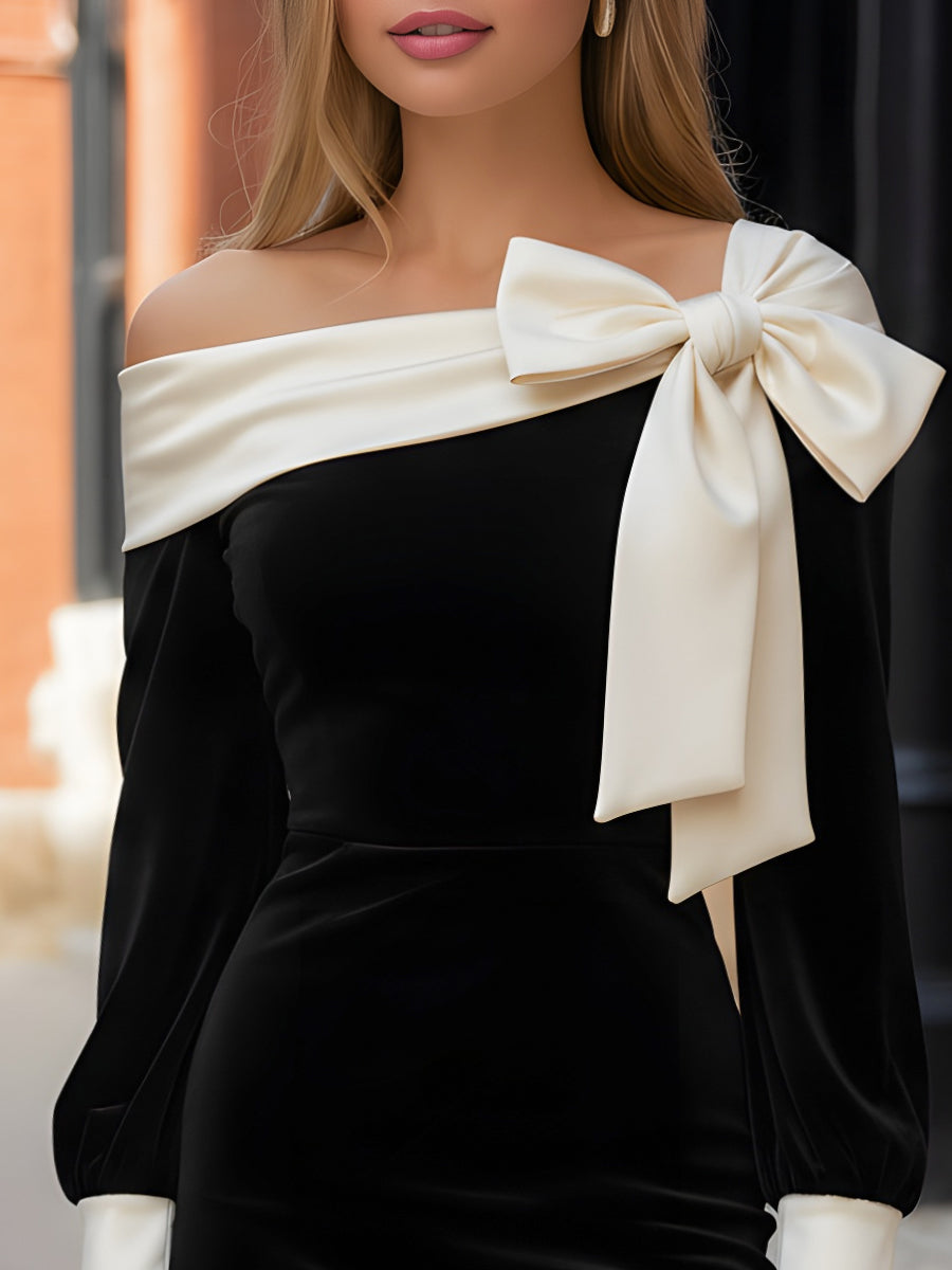 Off-Shoulder Velvet Mini Dress With Statement Bow