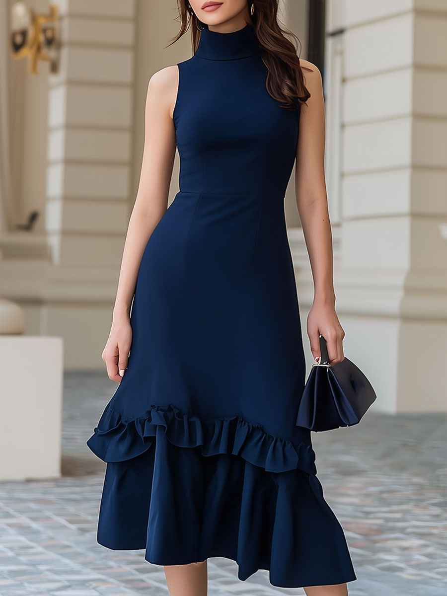 Mooyius Sleeveless High Neck Ruffled Midi Dress