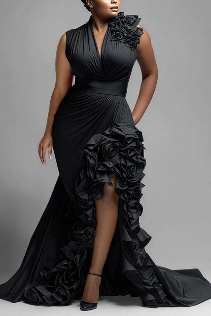 Formal Black V Neck Split Elegant Ruffle Maxi Dresses