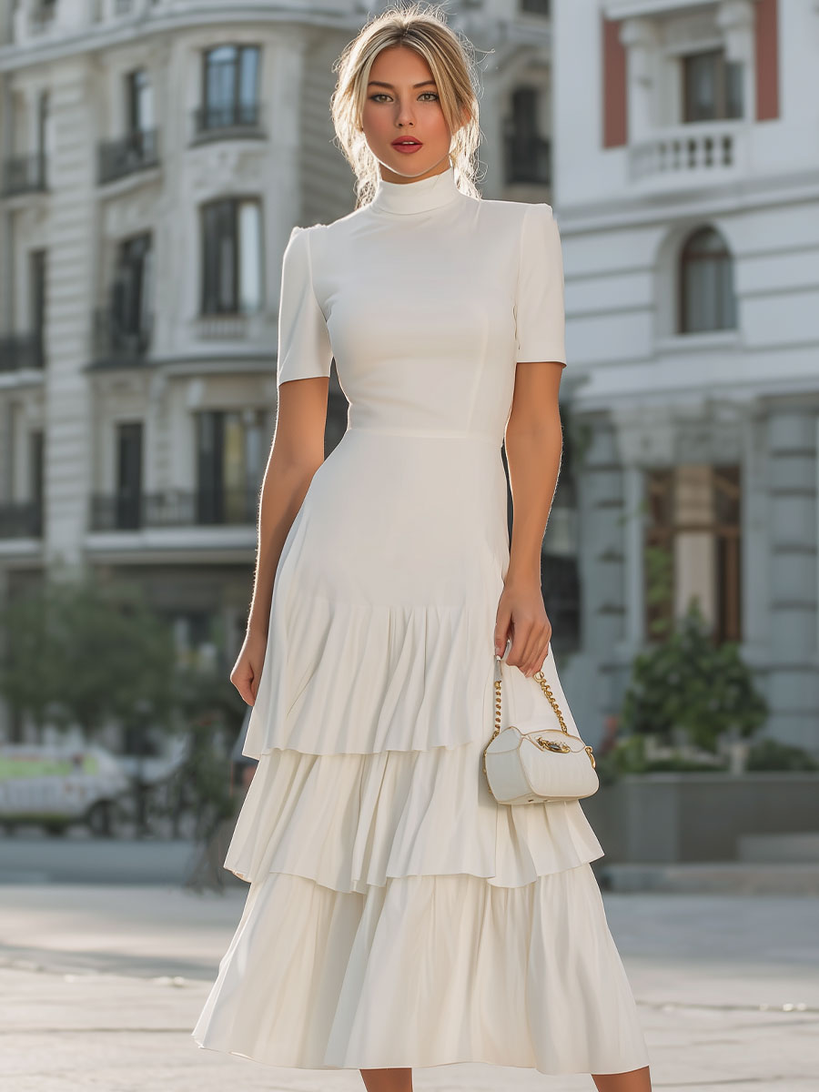 Timeless Ivory Turtleneck Tiered Midi Dress
