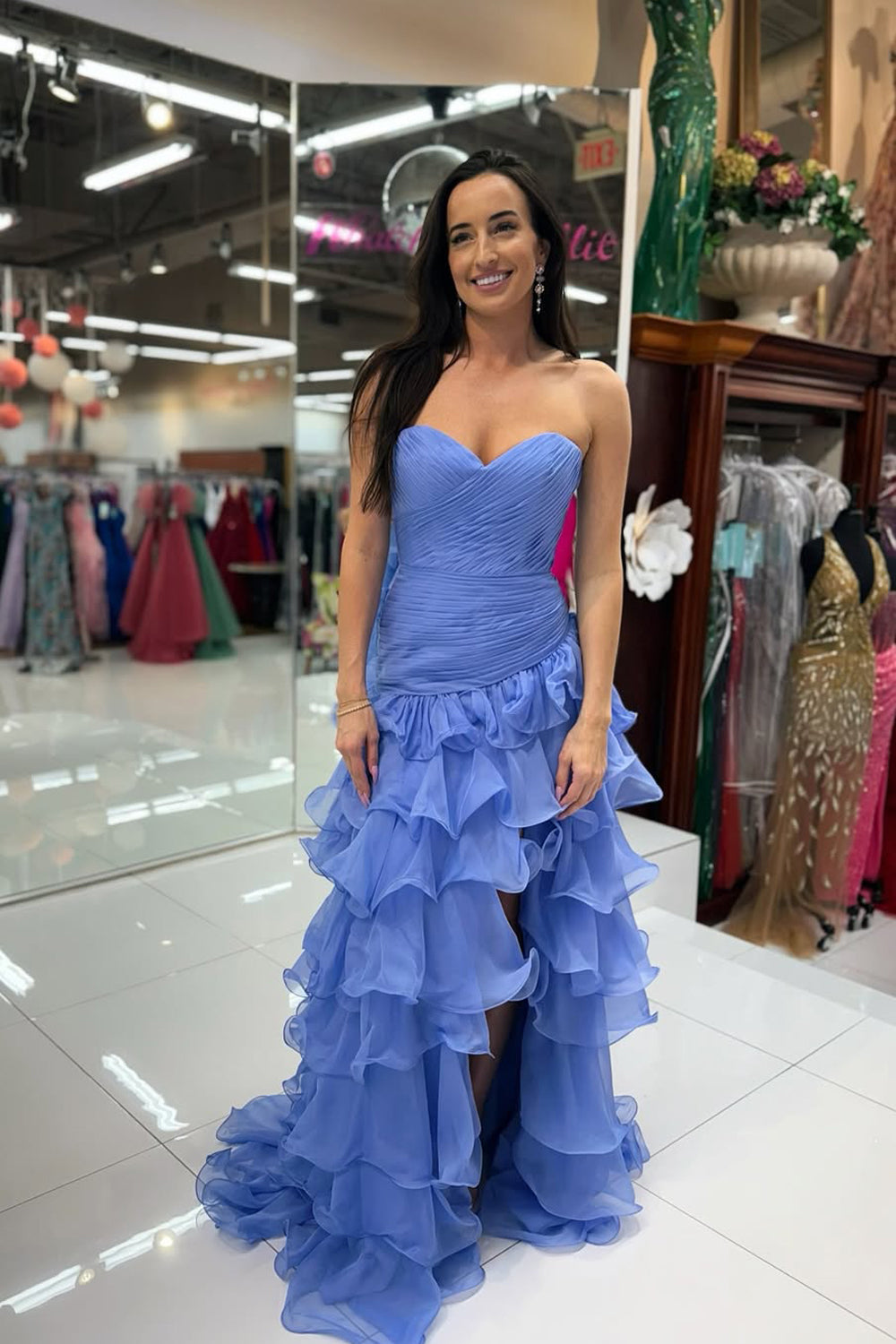 Sheath Sweetheart Blue Chiffon Tiered Prom Dress with Slit