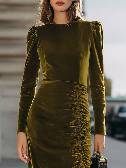 Elegant Olive Green Velvet Puff-Sleeve Ruched Midi Dress