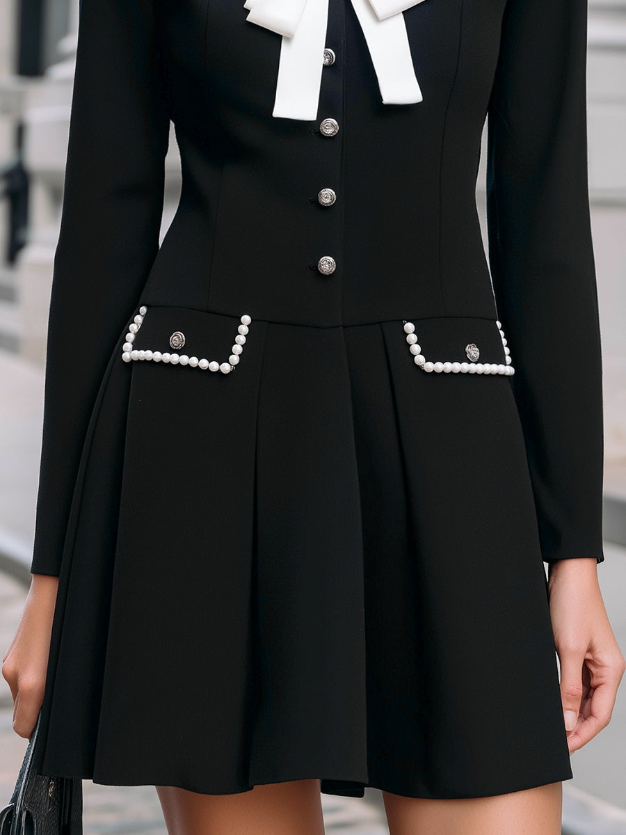 Pearl-Trim Bow Detail A-Line Dress