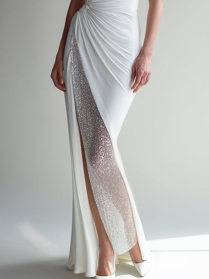 White Crystal-Embellished Ruched Side-Slit Gown