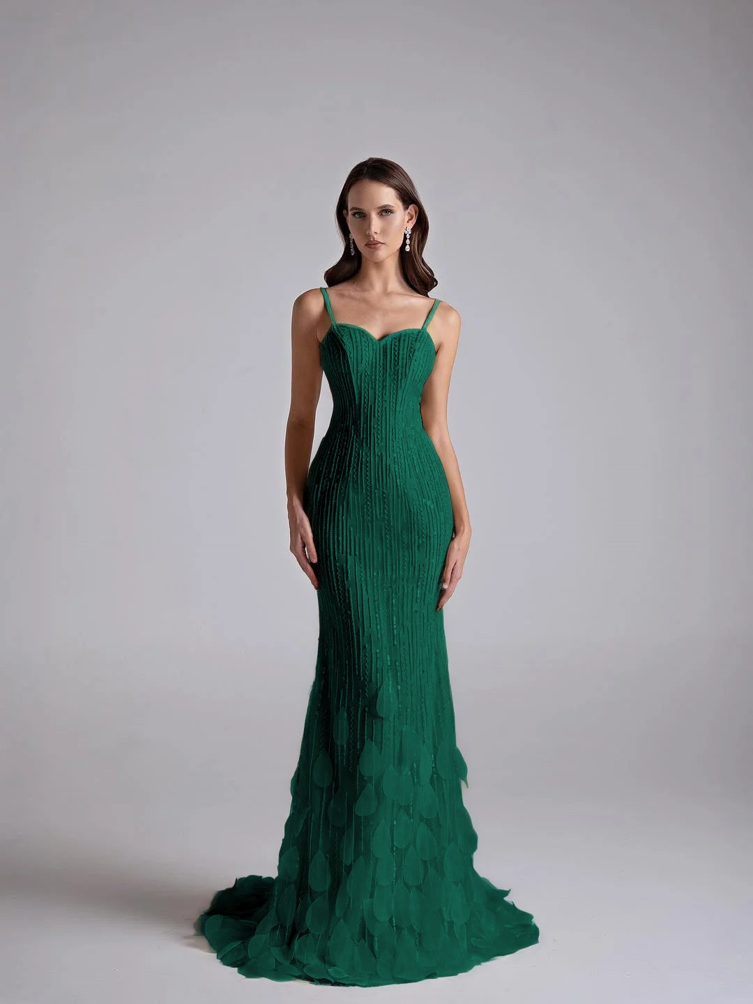 Spaghetti Straps Sleeveless Long Mermaid Prom Dress With Petals And Sequins