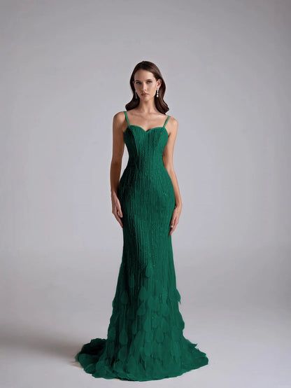 Spaghetti Straps Sleeveless Long Mermaid Prom Dress With Petals And Sequins