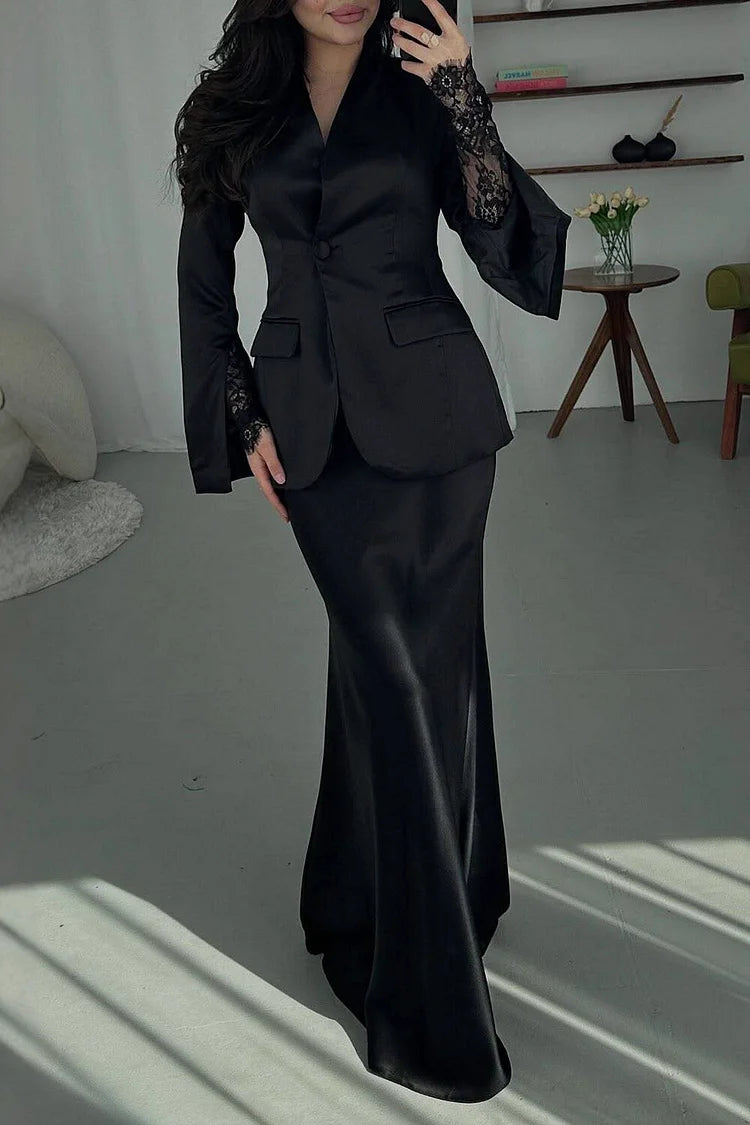 V Neck Slit Long Sleeve Blazer Solid Color Satin Maxi Dress