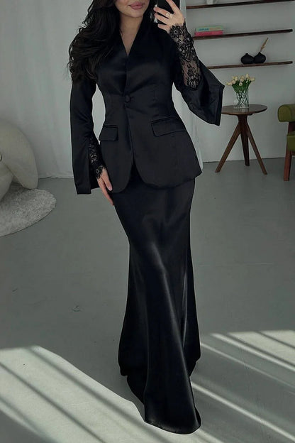 V Neck Slit Long Sleeve Blazer Solid Color Satin Maxi Dress