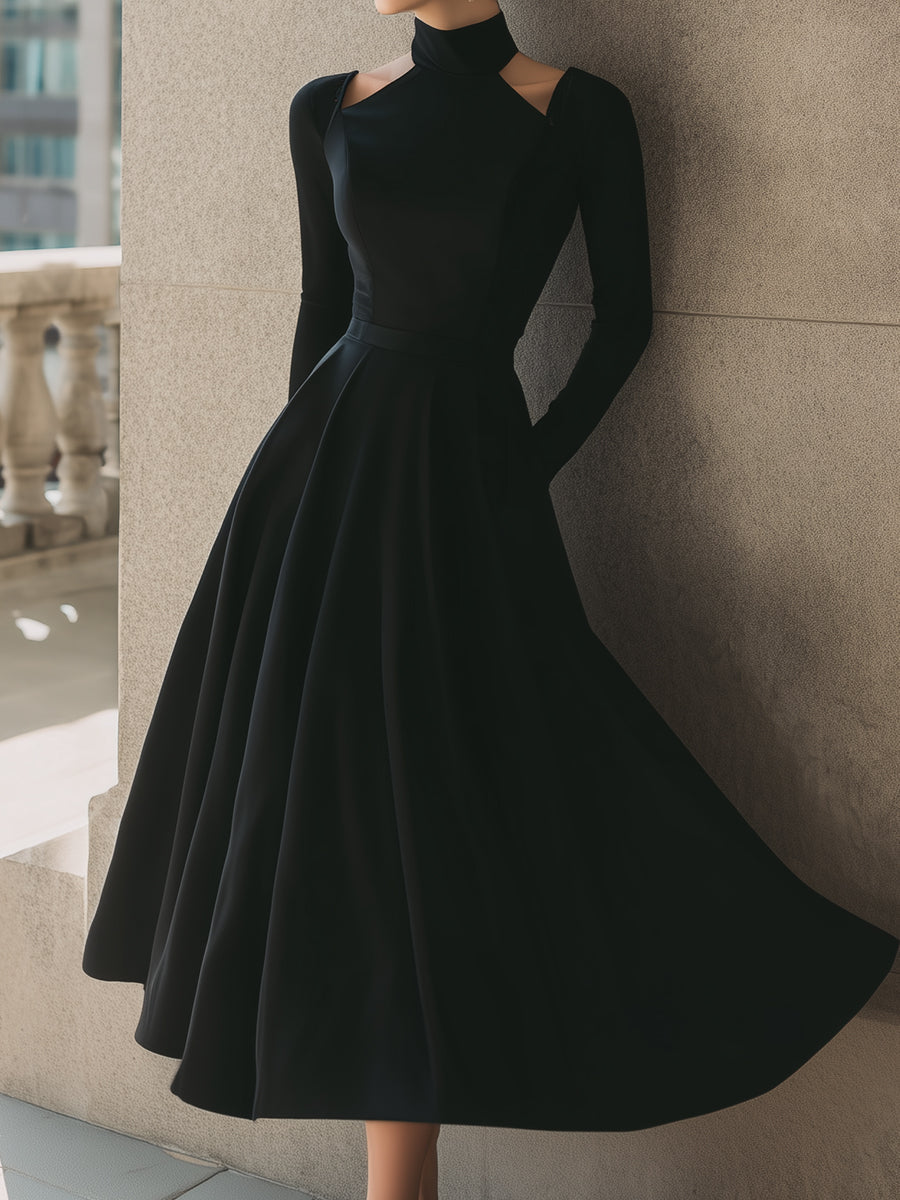 Black Cutout High-Neck Midi Dress