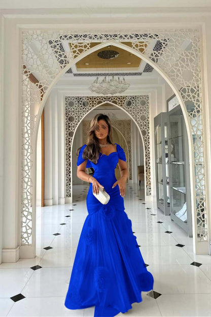 Sweetheart Short Sleeves Long Mermaid Prom Dress With Pleated