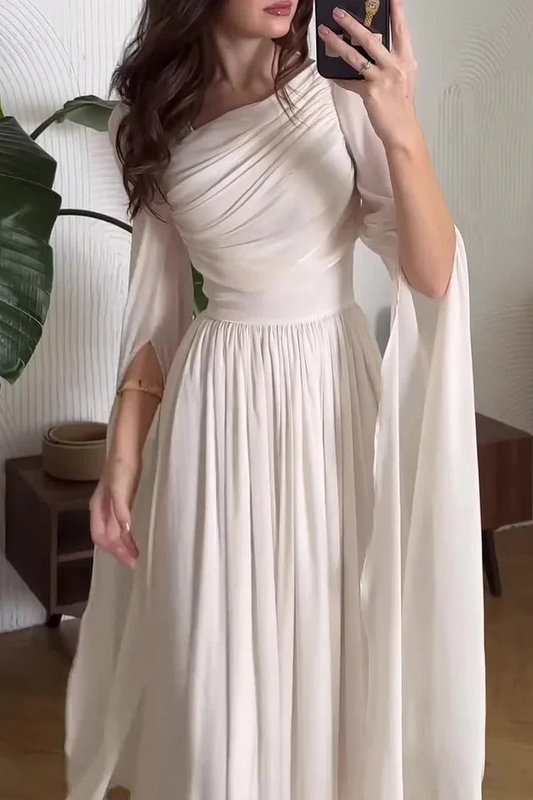 Ruched Irregular Neck Slit Long Sleeve Lace Up Cinch Waist Party Maxi Dresses