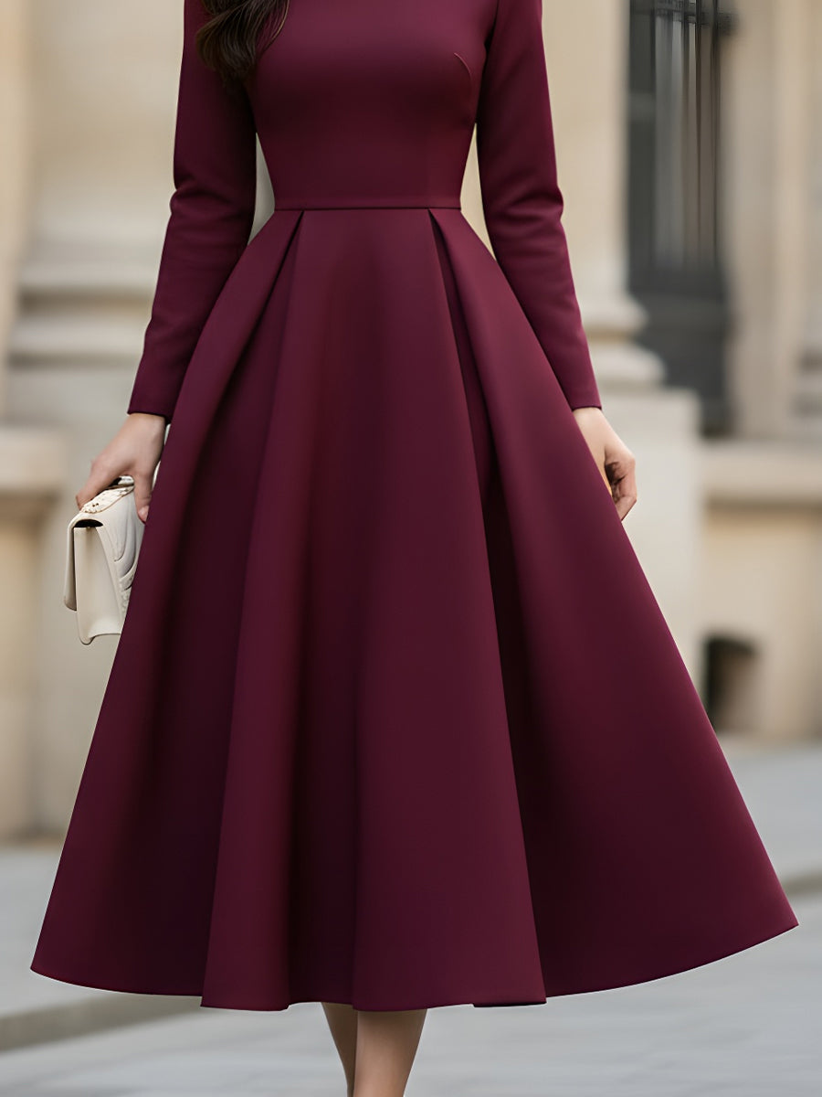 Burgundy V-Neck Pleated Midi Dress