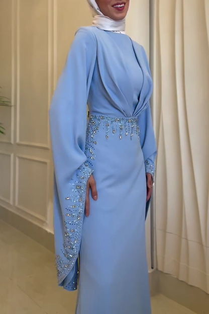 Hot Drilling Irregular Sleeve Pleated Party Maxi Dresses-Blue