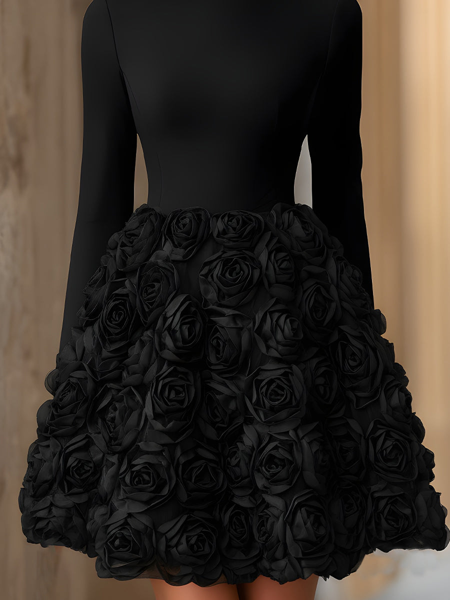 High-Neck Sculpted Rose Appliqué Mini Dress