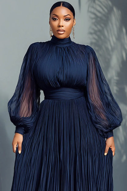 Mock Neck Lantern Sleeve Long Sleeve See Through Elegant Ruffled Midi Dress