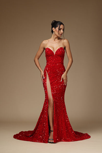 Sexy Red V-Neck Prom Dress Sleeveless Mermaid Sequins with Slit