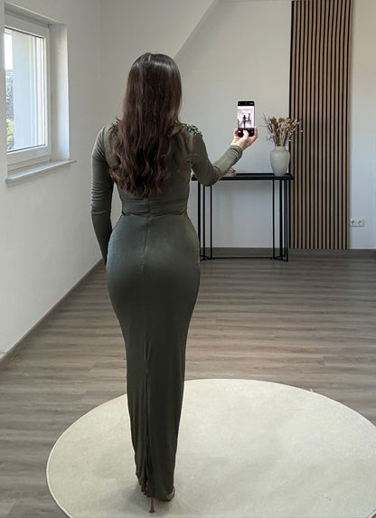 Long Sleeves Mermaid High Neck Prom Dress with Sequins Ruched Evening Party Dress